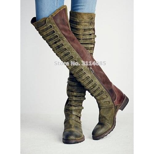 Top Brand Women Knee High Boots Olive Black Real Leather Pachwork Motorcycle Boots Strap Band Cage Boots Outdoor Snow Boots