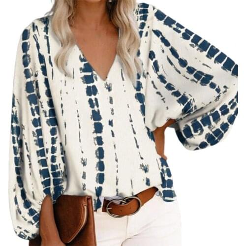 Fashion Women Blouse V Neck Printed Long Lantern Sleeve Loose Blouse Top for Office t shirt women 2021 fashion Woman Clothing