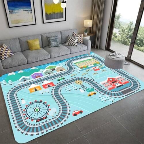 Cartoon Traffic Track Carpet For Childrens Room Nordic Cute Play Carpet For Kids Soft Flannel Bedside Mat Bedroom Anti-slip