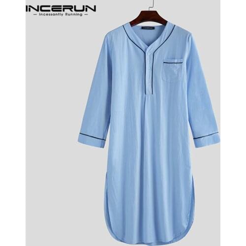 Men Sleep Robes Long Sleeve V Neck Button Homewear Leisure Cozy Bathrobe High Quality Mens Pajamas 2021 Nightgown Dress INCERUN