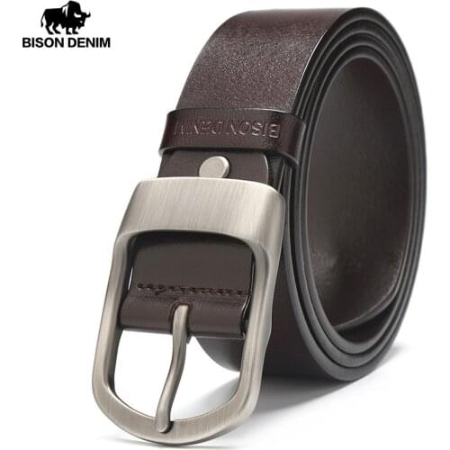 BISON DENIM Famous Men Belt Jeans Genuine Leather Pin Buckle Cowboy Belts For Male Vintage Brand Cowhide Belt Waistband N71228