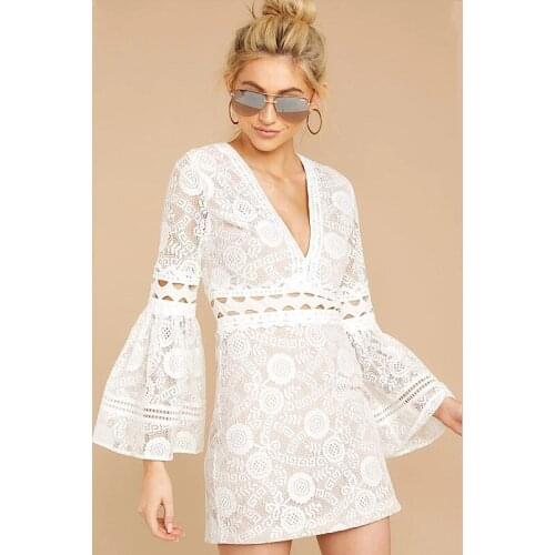 Flare Sleeves Homecoming Dresses Deep V Short Mini White Lace Graduation Party Dress Gown YSAN672
