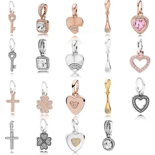 Fashion Silver 925 Love Pod, Pink Shiny Love, Transparent Square, Cross, Lucky Clover, Key Pendant Original Ladies Jewelry Gift