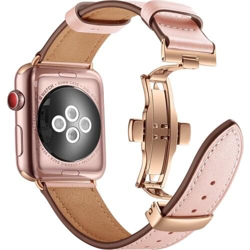 Rose Gold Butterfly Clasp Leather Watch Strap For Apple Watch Band 38mm 42mm For iWatch Fashion Replace Bracelet Watchbands