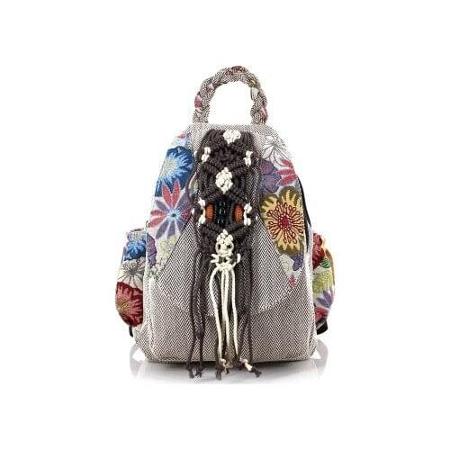 New Bohemian string appliques women shopping hasp backpacks!Nice floral prints lady national backrack All-match canvas backruck