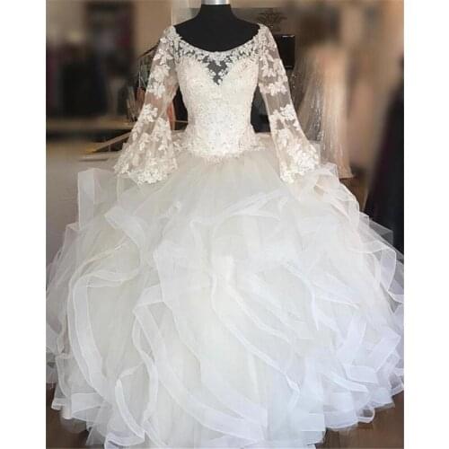 Setwell Jewel Neck Ball Gown Wedding Dress Lace Appliques Long Sleeves Pleated Tiered Floor Length Bridal Gowns