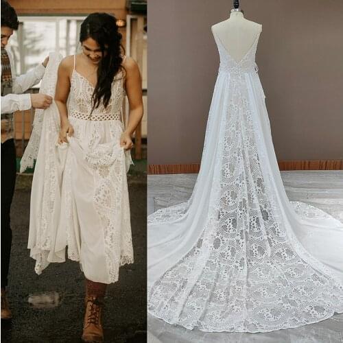 Long Train Spaghetti Straps Chiffon Wedding Dress For Beach Elopement Destination Lace Bridal Gowns Big Sizes Custom Made