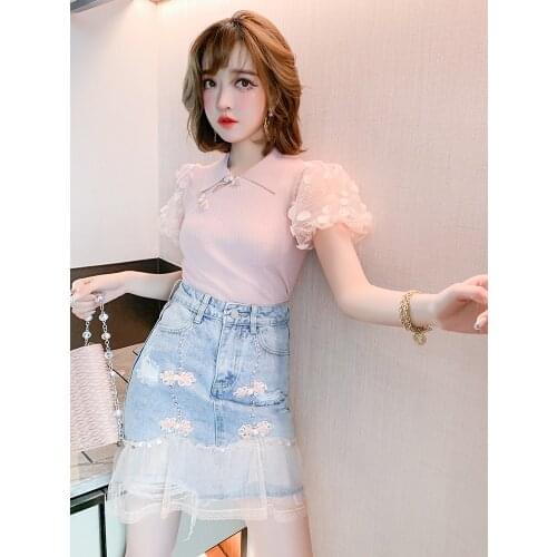 Net yarn sleeve knitted T-shirt + hot new drill plate buckles bull-puncher skirt suits summer