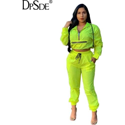 DPSDE Bright Green Sprots Women Two Pieces Set Autumn Full Sleeve Casual Top 2020 Elastic Streetwear Loose Long Pants