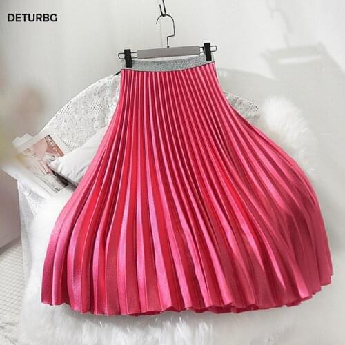 Womens Fashion Pleated Metallic Midi Skirt Female Korean Streetwear High Waist Velour Pink Chic Skirts Saias 2020 Autumn SK285