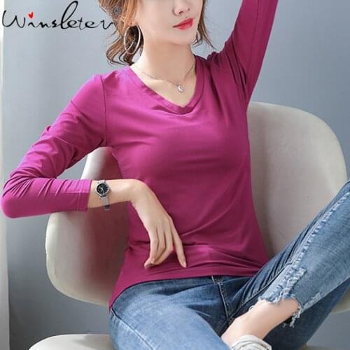 Spring Autumn 2021 Modal T-shirt Women Tops Tees Solid V-neck Slim Waist Stretchy Basic Casual Long Sleeve Multi Colors T17505A