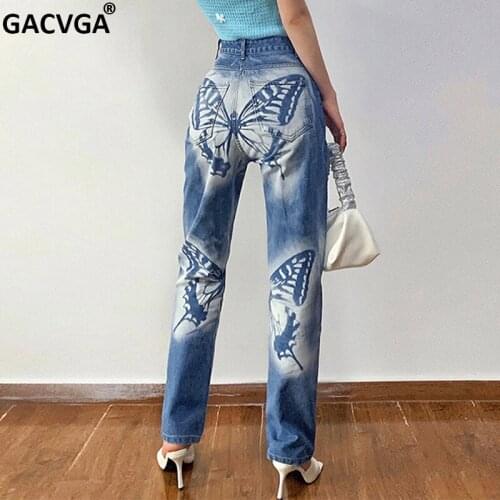 GACVGA High Waist Women Jeans Butterfly Pattern Denim Trousers 2021 Autumn Winter Blue Y2K Straight Pants Streetwear Pantalones