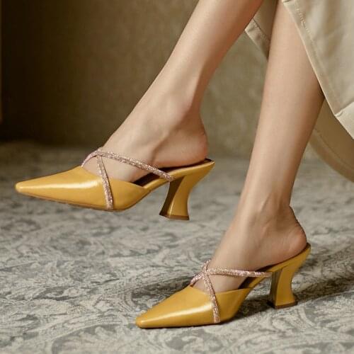 Women Genuine Leather Summer Slippers Fashion Crystal Office Lady Shoes Square High Heel Pointed Toe Dress Outside Slippers