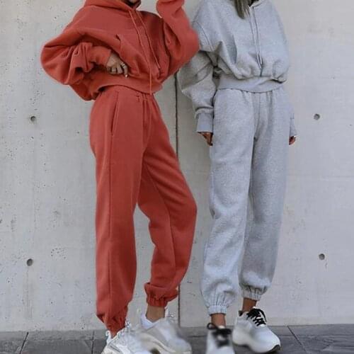 Winter 2 Piece Set Tracksuit Women Sets Fleece Hooded Long Sleeve Pocket Female Short Hoodie Suit Autumn Sport Pants Lady Suits