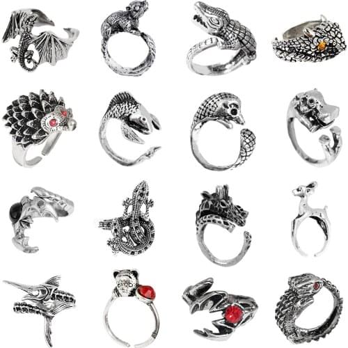 Antique Silver Color Metal Punk Open Adjustable Design Animal Smiling Face Exaggerated Finger Ring For Women Men Party Jewelry