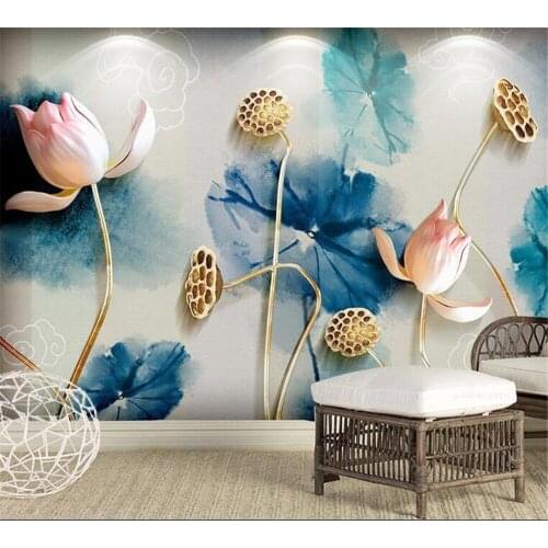 Beibehang Large Custom New Chinese Ink & Wine Lotus Jewelry Simple Relief TV Living Room Bedroom Background