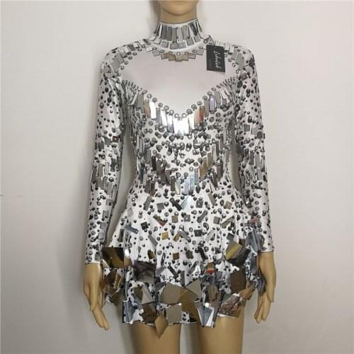 Black white Sequins mirrors stones sexy female costumes Bright crystals singer nightclub bar show DJ dress performance star