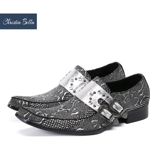 Christia Bella Italian Silver Print Real Leather Party Men Dress Shoes Fashion Rivets Buckle Formal Shoes Business Brogue Shoes