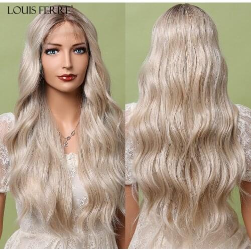 LOUIS FERRE Long Water Wavy T Part Lace Wigs with Baby Hair Light Blonde Hair Wigs Heat Resistant 13*1 Lace Part Wigs for Women
