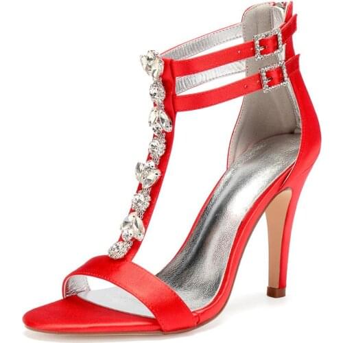 Elegant lady sexy crystal sandals thin strappy satin evening dress shoes bridal wedding party prom high heels ankle strap pumps