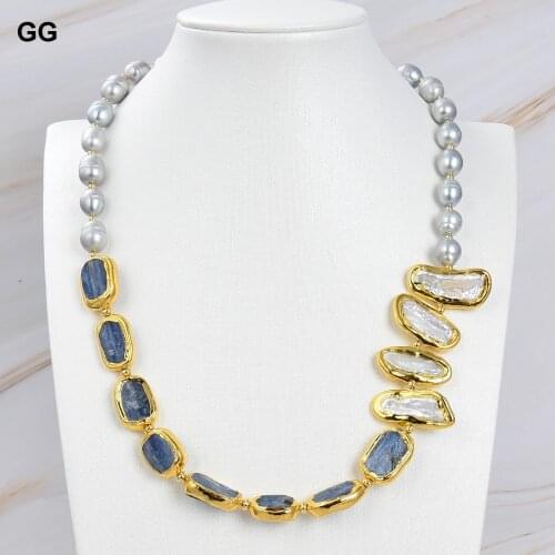 GG Jewelry Freshwater Cultured Gray Rice Pearl White Biwa Pearl Blue Kyanites Necklace 23" For Women Lady Gift Jewelry