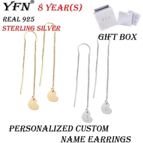 Custom YFN Brand Personalized Sterling Silver Heart Ear Long Chain Alphabet Earrings Gift Box