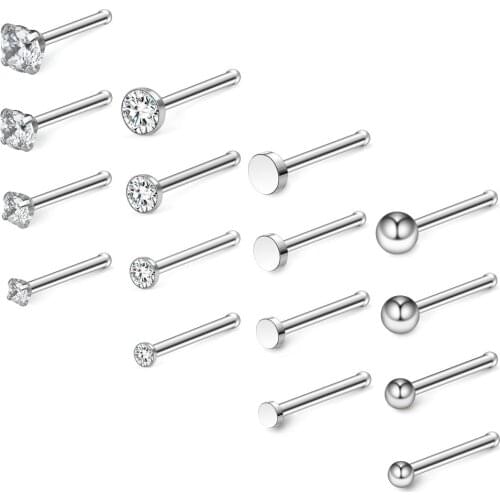 JFORYOU 20G 18G Surgical Steel 1.5mm-3mm Flat Ball Clear CZ Nose Stud Rings Bone Pin Piercing Jewelry 16PCS