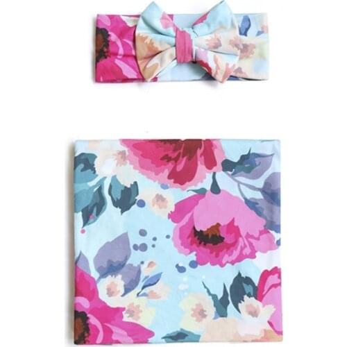 2pcs Newborn Baby Blanket Sleeping Swaddle Floral Print Muslin Wrap Headband Set