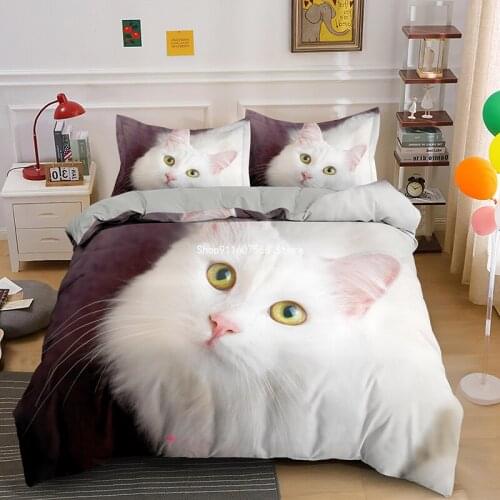 White Cat Bedding Set for Adult Kids Bed Covers Single King Queen Funny Cute Animal Duvet Cover Bedclothes Bedroom Set Queen