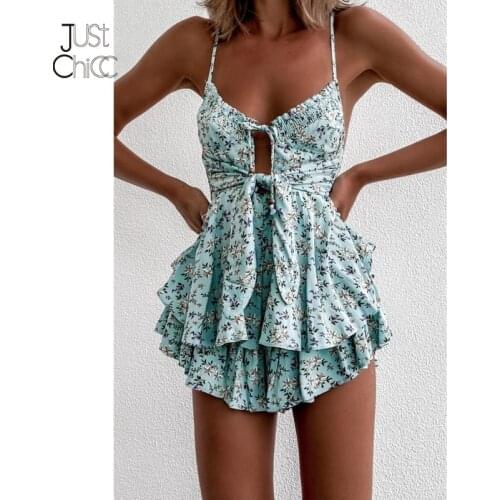 Justchicc Hollow Out Floral Print Summer Jumpsuit For Women Backless Lace Up Beach Bodysuit Ruffles Zipper Bandage Playsuit