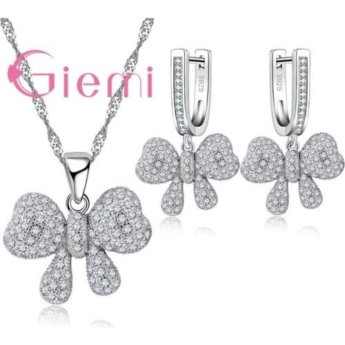 Top Selling Classic Bow Shape Earring Necklace 925 Sterling Silver and CZ Engagement Wedding Ceremony Jewelry Set