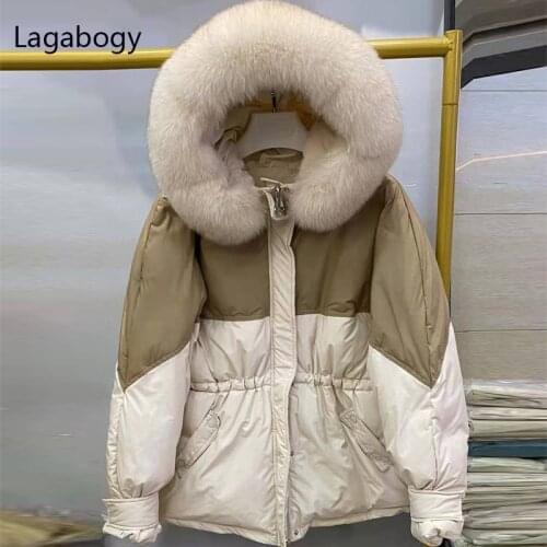 Lagabogy 2021 New Winter Jacket Women Big Real Fox Fur Collar 90% White Duck Down Coat Female hooded Short Warm Loose Snow Parka
