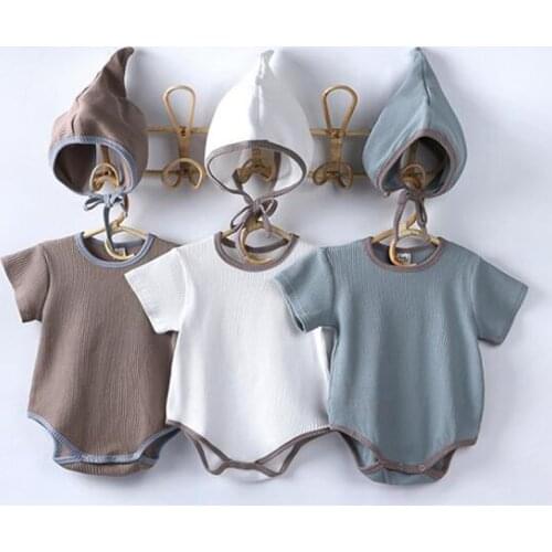 Newborn Infant Baby Boys Girls Pure Color Rompers Clothing Summer Kids Boy Girl Short Sleeve Rompers Clothes And Hat
