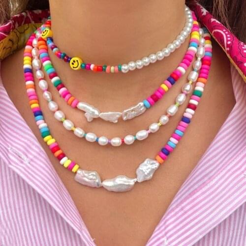 Multicolor Simulated-pearl Beaded Necklace Women Rainbow Color Acrylic Glass Bead Strand Handmade Clavicle Chain Fashion Jewelry