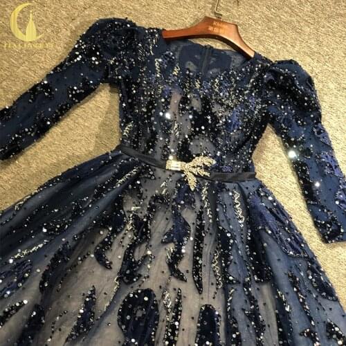 Rhine Real Long Sleeves Dark Blue With Velvet Beads Women Evening Dress Long Formal Dresses вечернее платье 2021