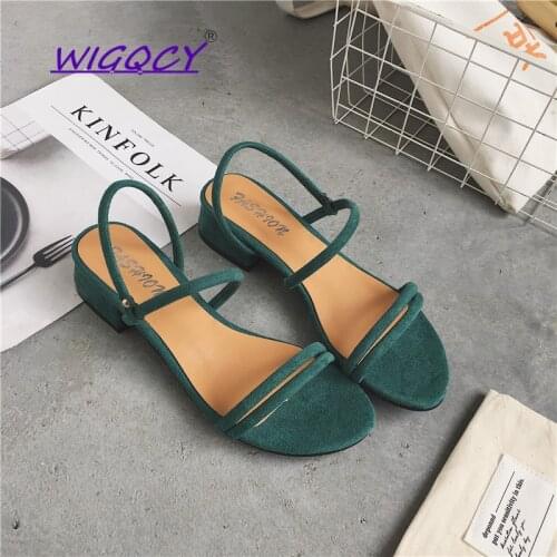 Open toe Suede Square heel sandals women 2019 Summer shoes women Fashion Slip-On Office Slip-On Hollow Rubber sole female shoes