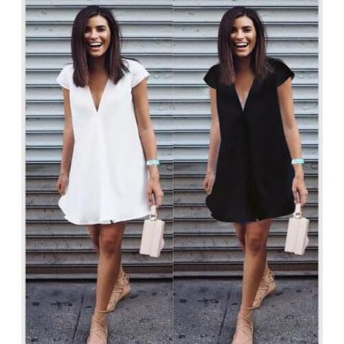 Summer Women Loose Deep V-Neck Solid Color Sundress Fashion Short Sleeves Mini Robe Dress Vacation Wear