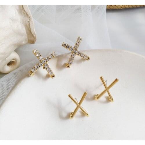 S925 Silvery Simple Letter X-Shaped Ear Stud Fashion Crystal Shiny Non-Mainstream Design All-match Earrings Female Wholesale