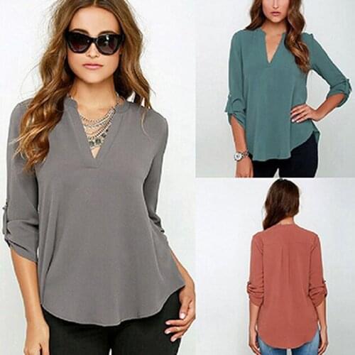 New Womens Stylish Sexy V Neck Rollable Sleeve Loose Solid Chiffon Blouse Shirt Tops Elegant Blouse Casual Tops Shirt Plus Size