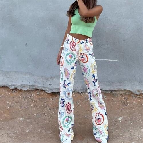TRAF Women 2021 Fashion Paisley Print Y2K Flare Pants Vintage High Elastic Waist Side Zipper Female Trousers Streetwear