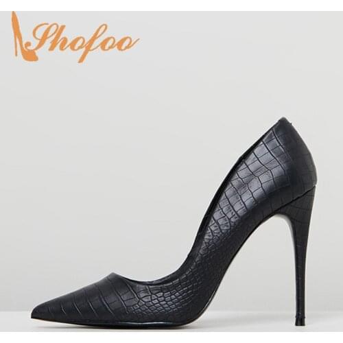 Black Croc Pattern High Woman Thin Heels Stiletto Pointy Toe Pumps Slip On For Office Ladies Shoes Large Size 11 14 Mature Sexy