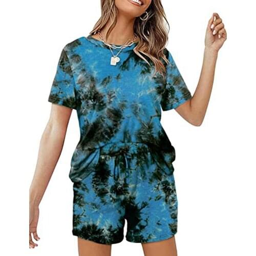Women Tie Dye Outfit Two Piece Sets Women Short Sleeve Top And Drawstring Shorts Matching Set Summer Athleisure Sport Outfits