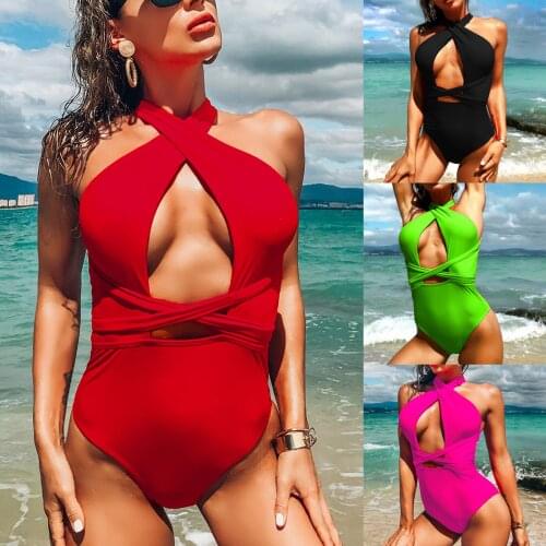 Meihuida Women’s Solid Color One-piece Swimsuit, Sexy Front Hollowed Triangle Crotch Halter Swimwear for Vacation/Swimming