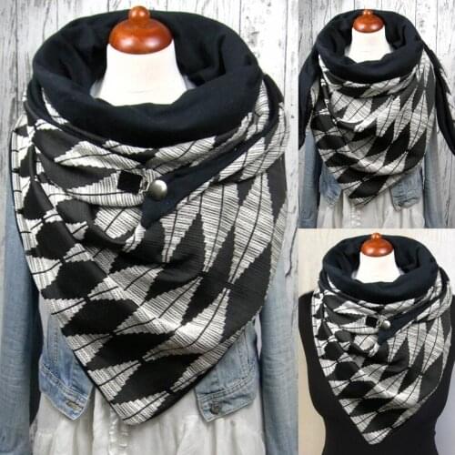 Women Winter Thicken Warm Scarf with Button Vintage Floral Print Wrap Shawl Bib