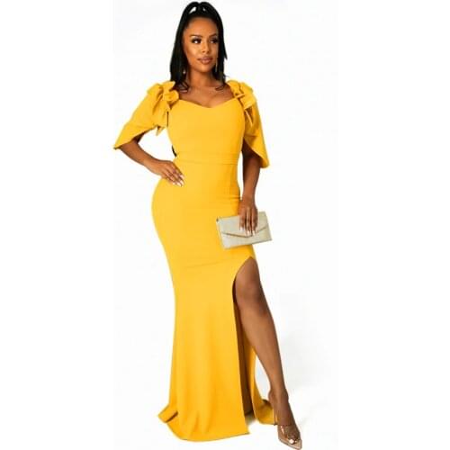 Women Dress Party Bodycon Sexy Summer Short Sleeve V-Neck Yellow White Elastic Evening Night Out Club Event African Female