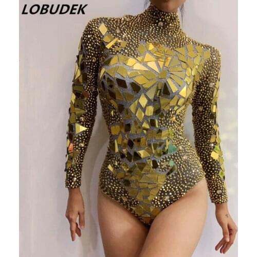 Gold Silver Mirror Rhinestones Bodysuit Sexy Bar Nightclub Women Stage Wear DJ Singer Dancer Jazz Dance Costume Crystal Bodysuit