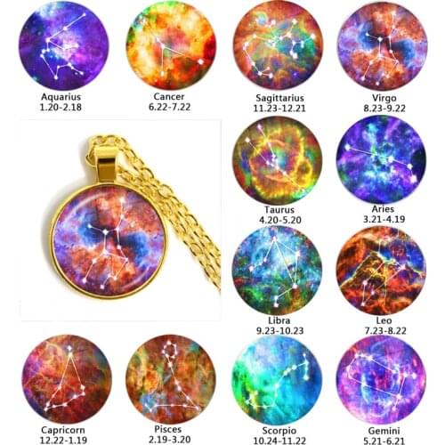 12 Constellations Pendant Necklace Zodiac Sign Glass Cabochon Pendant Jewelry For Women Libra Aries Leo Fashion Birthday Gift
