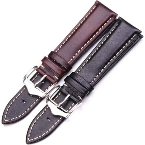 18 19 20 21 22 24mm Vintage Genuine Leather Watchbands Black Dark Brown Replacement Watch Band Strap Polished Metal Buckle