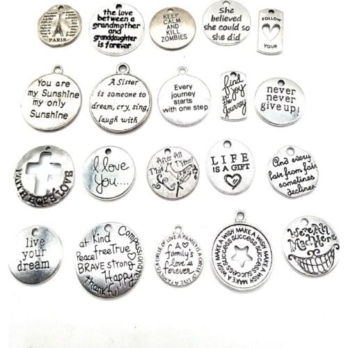 Random 40pcs Mixed Style Metal Alloy Letter Charms Round Pendants For Bracelet Necklace Jewelry Making DIY Handmade Craft