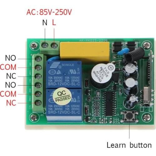 433Mhz Universal Wireless Remote Control Switch AC 250V 110V 220V 2CH Relay Receiver Module
